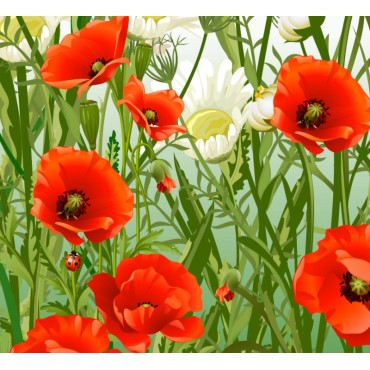 Атлас стрейч - Маки на зеленом