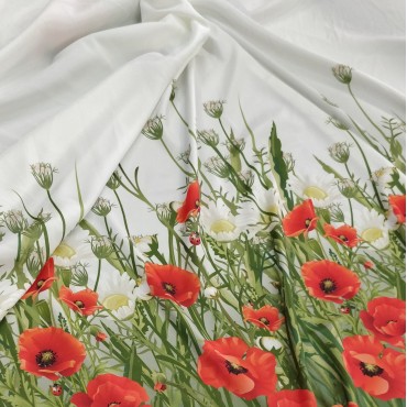 Атлас стрейч - Маки на зеленом