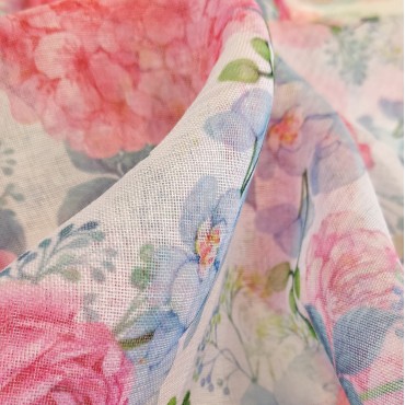 Органза Тори матовая с цветочным принтом Ранункулюс и Колибри