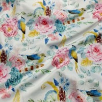 Атлас стрейч Linda с пионами и колибри