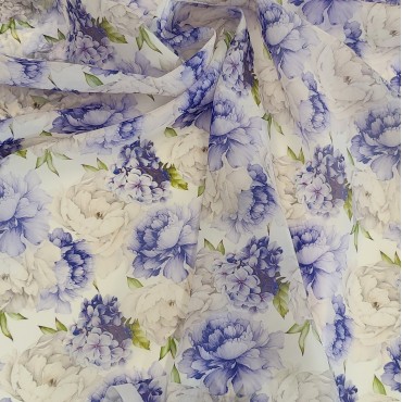 Органза матовая Виола с бело-голубыми Пионами