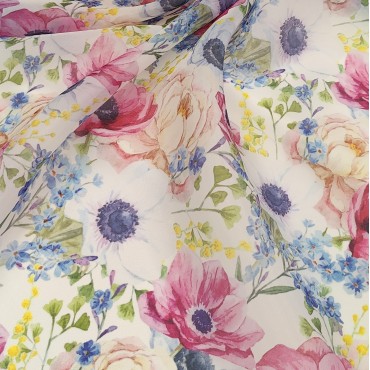 Органза матовая Виола с цветами мимоза незабудка пион анемона