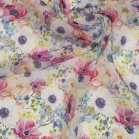 Органза матовая Виола с цветами мимоза незабудка пион анемона