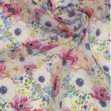 Органза матовая Виола с цветами мимоза незабудка пион анемона