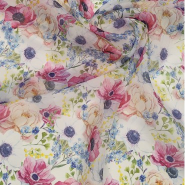 Органза матовая Виола с цветами мимоза незабудка пион анемона