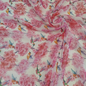 Органза Тори матовая с цветочным принтом и колибри