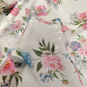 Органза Тори матовая с принтом розово голубая гортензия