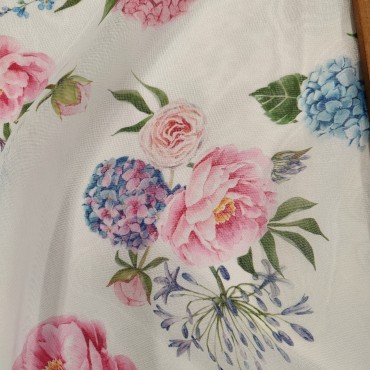 Органза Тори матовая с принтом розово голубая гортензия