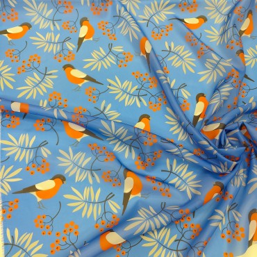 Органза матовая Виола снегири на голубом