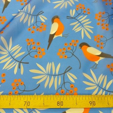 Органза матовая Виола снегири на голубом