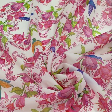 Органза матовая Виола с цветочным принтом и колибри