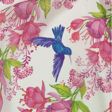 Органза матовая Виола с цветочным принтом и колибри