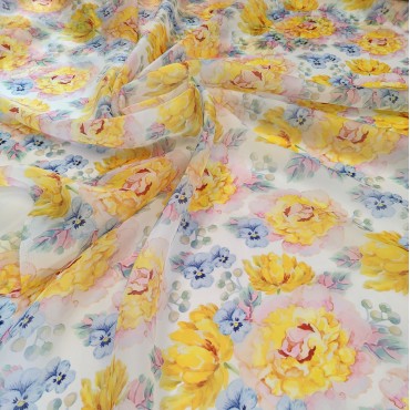 Органза матовая Виола пионы тюльпаны и анютины глазки