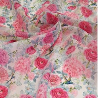 Органза матовая Виола с цветочным принтом Ранункулюс и Колибри