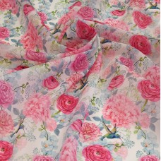 Органза матовая Виола с цветочным принтом Ранункулюс и Колибри