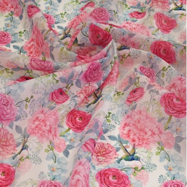 Органза матовая Виола с цветочным принтом Ранункулюс и Колибри