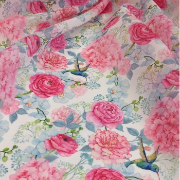 Органза матовая Виола с цветочным принтом Ранункулюс и Колибри