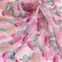 Органза матовая Виола с принтом розовый фламинго и цветущий кактус