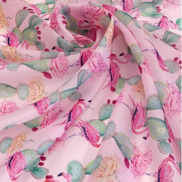 Органза матовая Виола с принтом розовый фламинго и цветущий кактус