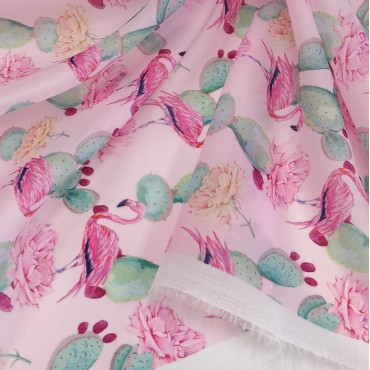 Органза матовая Виола с принтом розовый фламинго и цветущий кактус