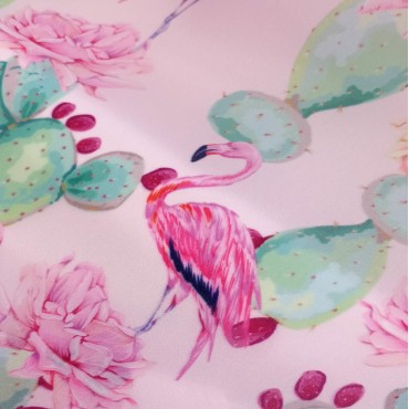 Органза матовая Виола с принтом розовый фламинго и цветущий кактус