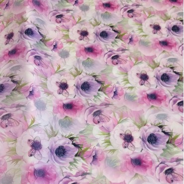 Органза матовая Виола с принтом анемоны и бабочки