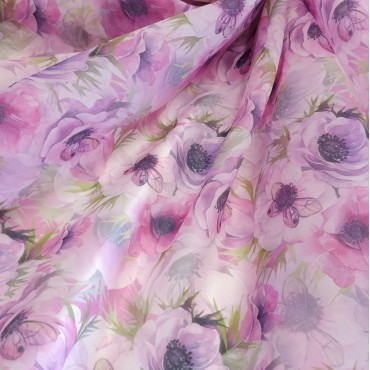 Органза матовая Виола с принтом анемоны и бабочки