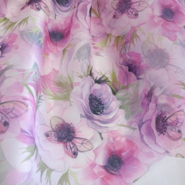 Органза матовая Виола с принтом анемоны и бабочки