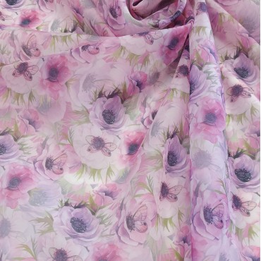 Органза матовая Виола с принтом анемоны и бабочки