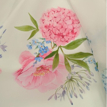 Органза матовая Виола с принтом розово голубая гортензия