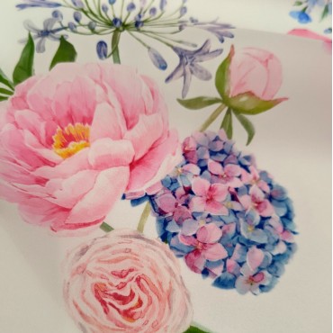 Органза матовая Виола с принтом розово голубая гортензия