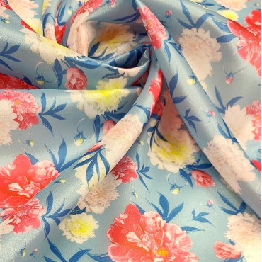 Плотная органза ANGELICA с принтом пионы на голубом