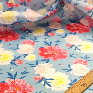 Плотная органза ANGELICA с принтом пионы на голубом