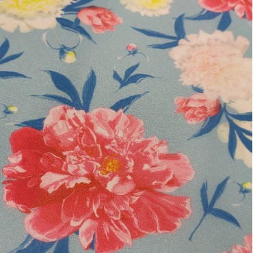 Плотная органза ANGELICA с принтом пионы на голубом