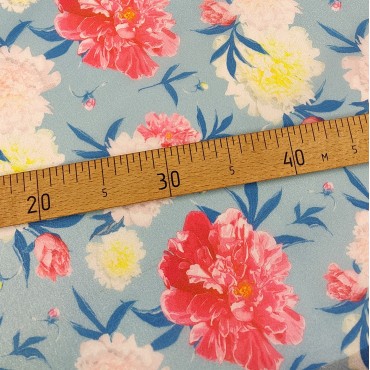 Плотная органза ANGELICA с принтом пионы на голубом