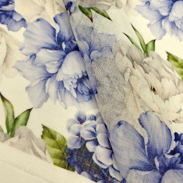 Органза Тори матовая с бело-голубыми Пионами