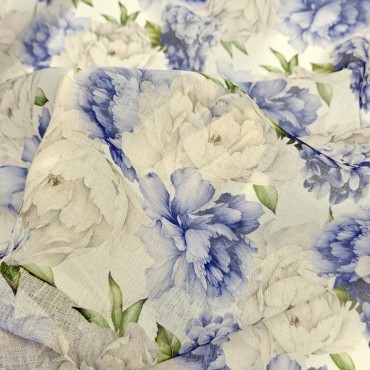 Органза Тори матовая с бело-голубыми Пионами