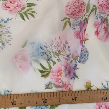 Органза матовая Виола с принтом розово голубая гортензия 140 см