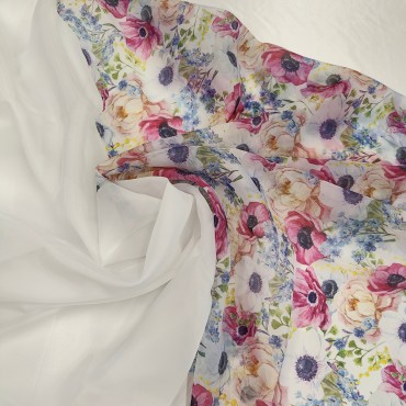 Органза матовая Виола с цветами мимоза незабудка пион анемона 90+220 см