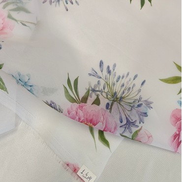 Органза матовая Виола с принтом розово голубая гортензия 140 см