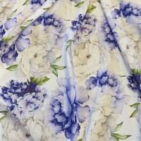 Плотный стрейч атлас Amerikan saten likra с бело голубыми пионами