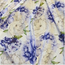 Плотный стрейч атлас Amerikan saten likra с бело голубыми пионами
