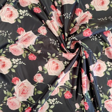 Атлас Дюпон черный с Розами