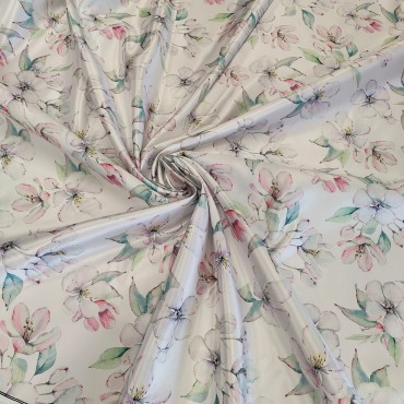 Атлас Дюпон с принтом цветочки яблони