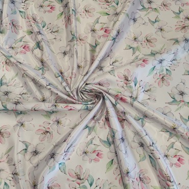 Атлас Дюпон с принтом цветочки яблони