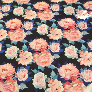 Атлас стрейч Linda с нарисованными розами и пионами