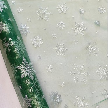 Фатин с снежинками зеленый цвет
