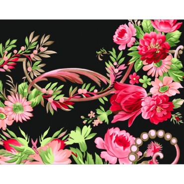 Стрейч атлас с принтом Королевский Сад черный фон